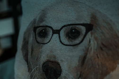 A close-up view of a woven fabric depicting a dog's face wearing glasses. The texture of the fabric is visible, with various shades of beige and brown highlighting the dog's features against a muted background.
