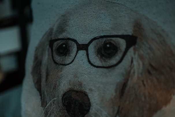A close-up view of a woven fabric depicting a dog's face wearing glasses. The texture of the fabric is visible, with various shades of beige and brown highlighting the dog's features against a muted background.
