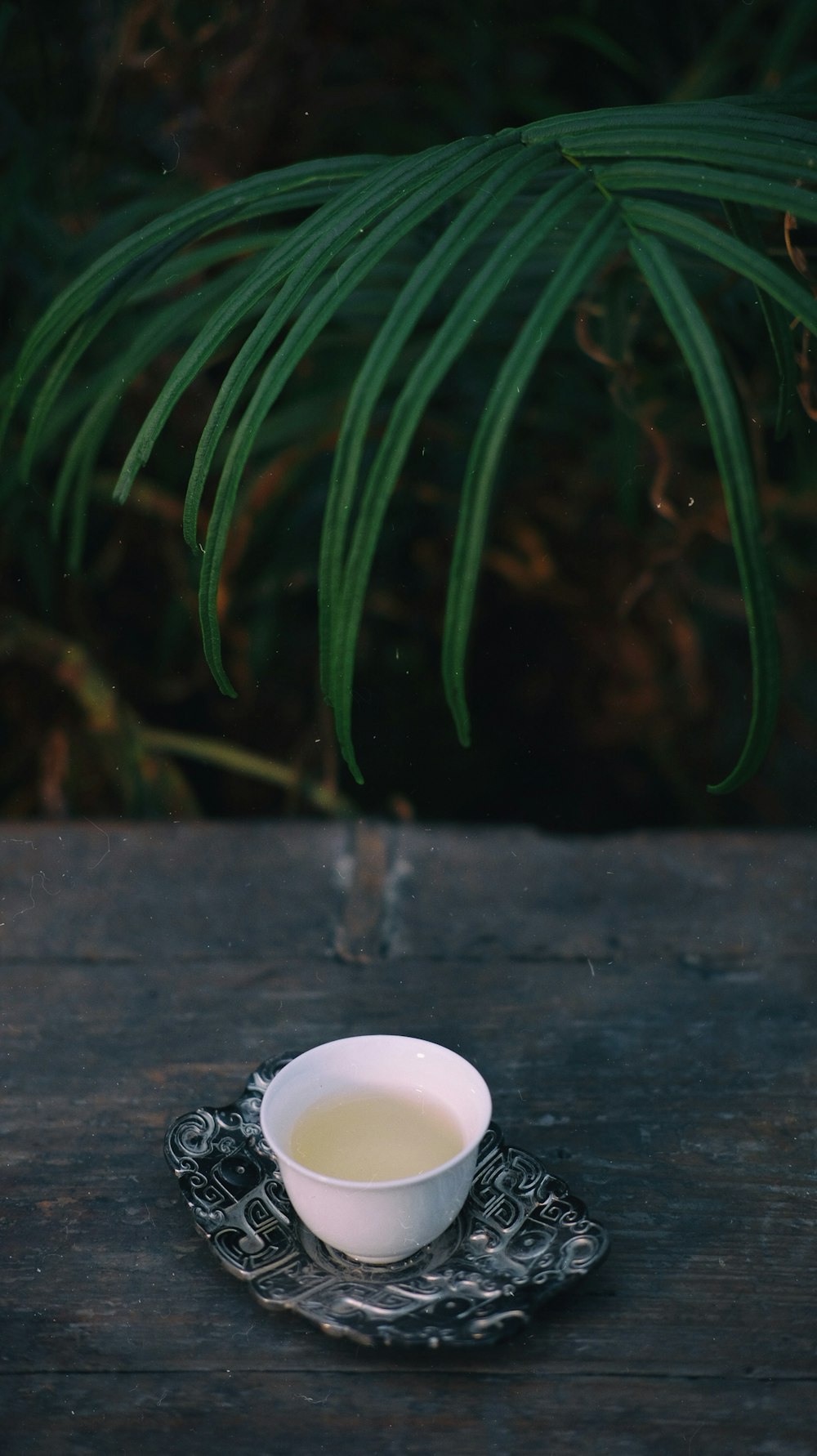 round white ceramic teacup on gray saucer on gray wooden table