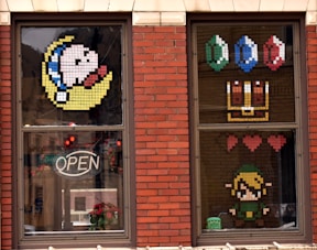 multicolored window with Open sign