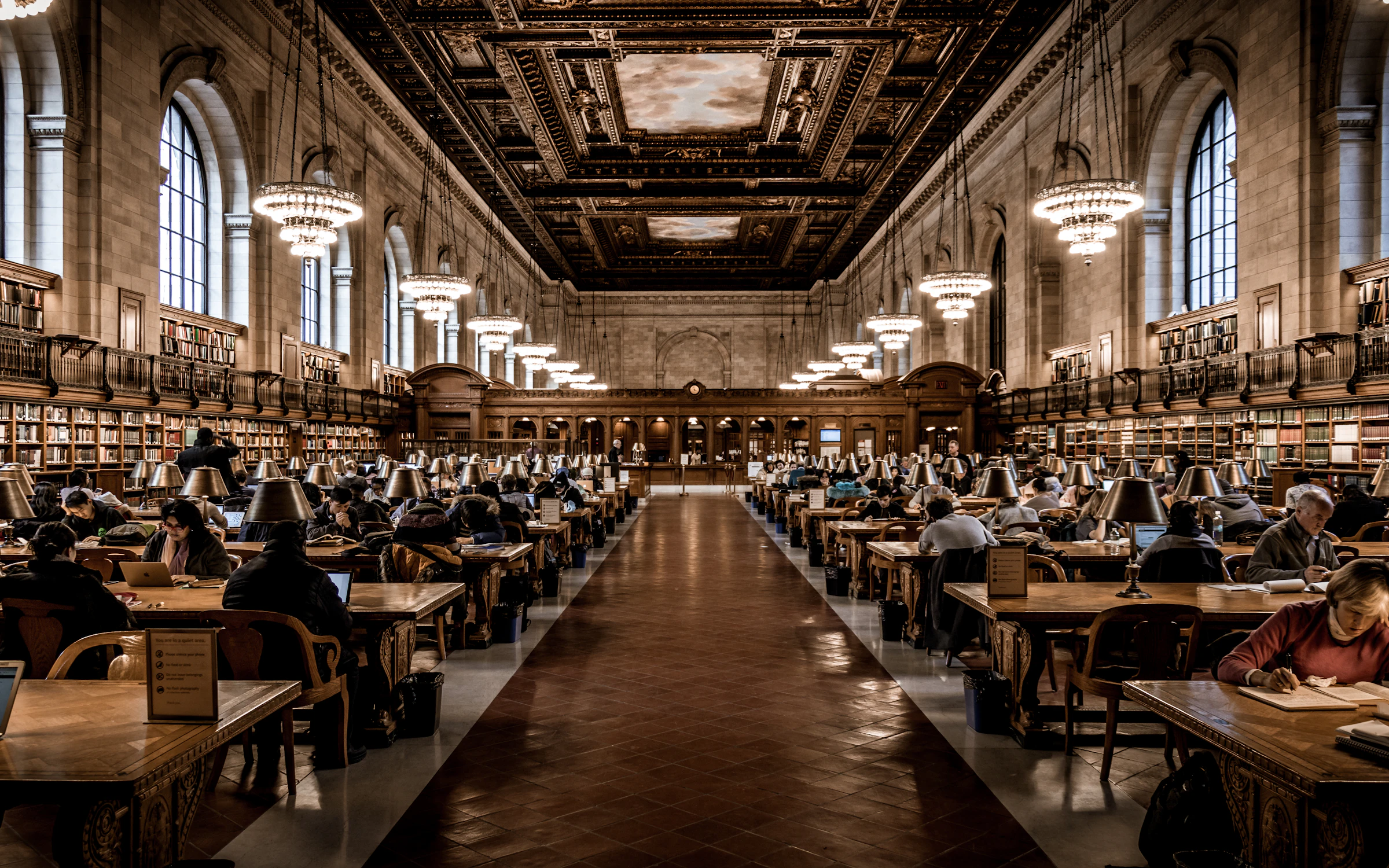 Rows of bound volumes in a library