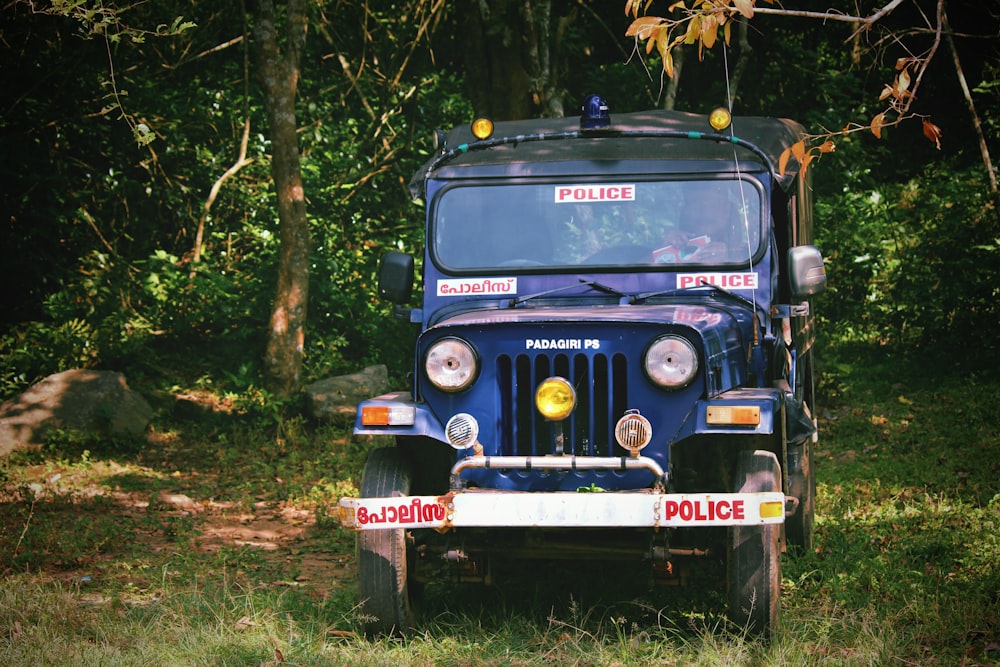 blue police car near tall trees