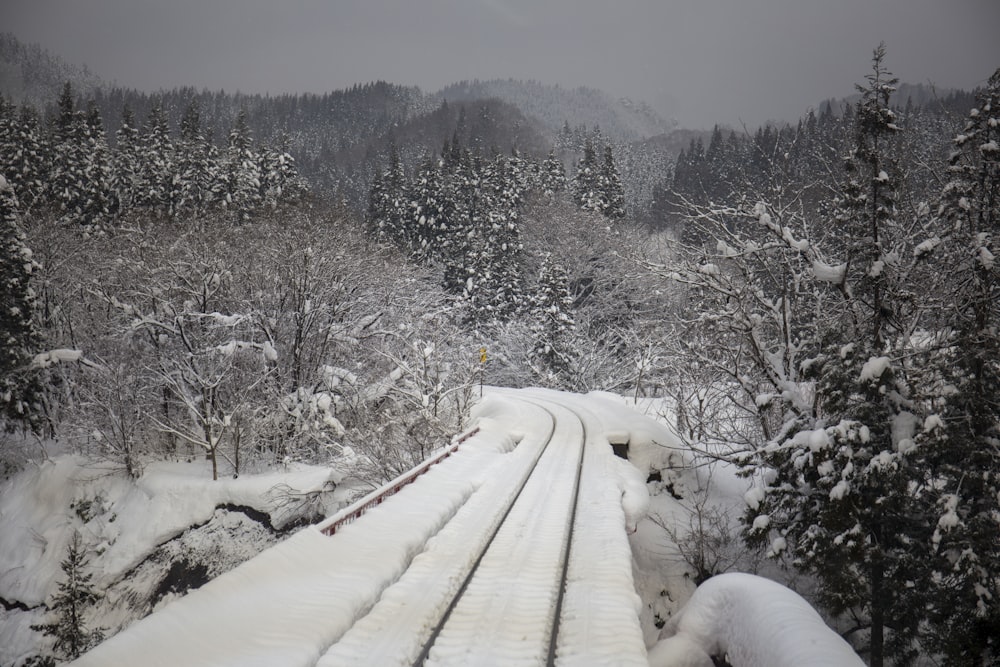 snow covered train tracks and countryside