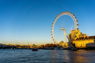 The iconic London Eye towering over the Thames, captured on a clear sunny day with families enjoying around.