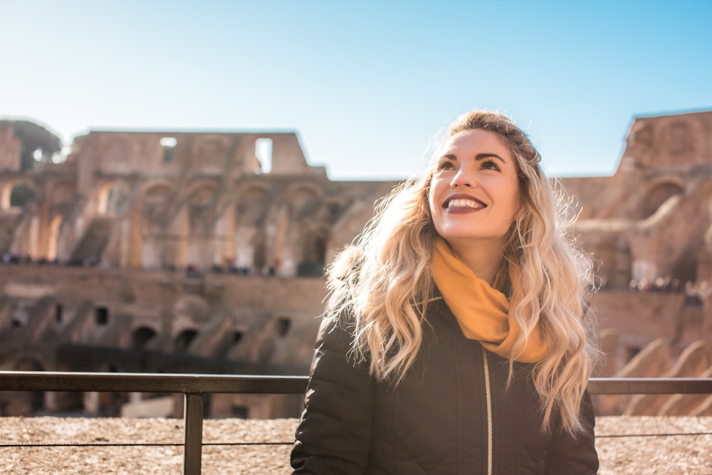 smiling woman looking up