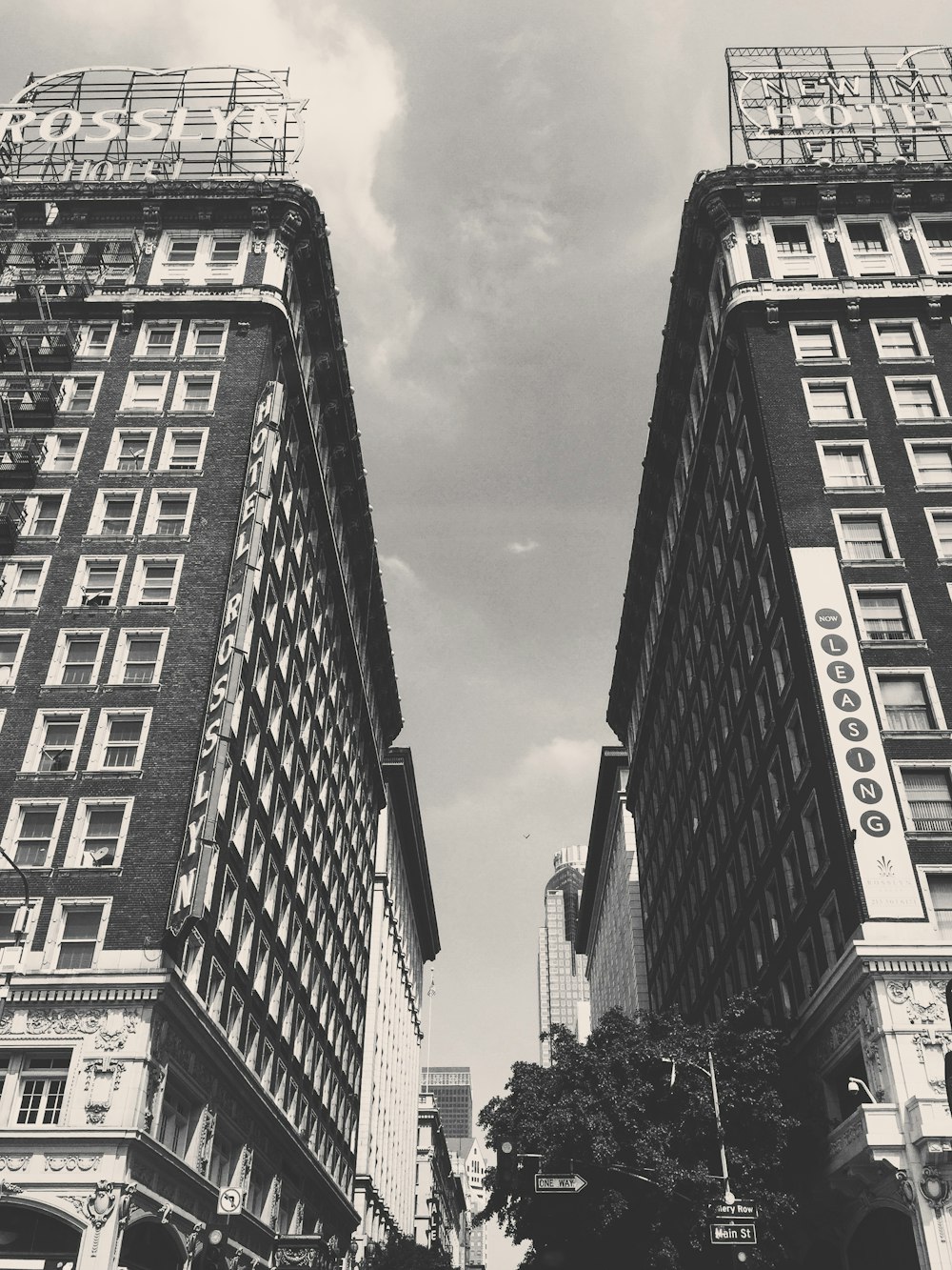 two high rise buildings grayscale photo