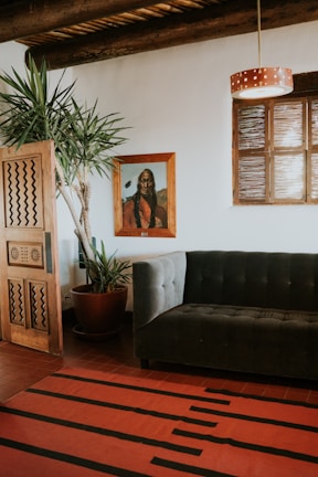 Living room featuring a geometric patterned rug under a cozy sofa.