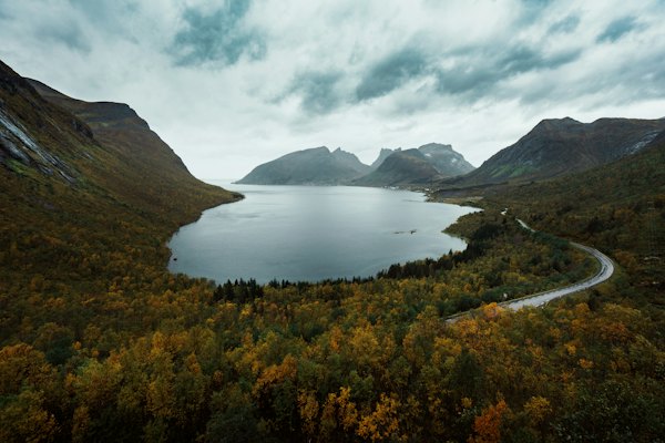 Bergsbotn and the fjord below it in autumn — Senja, Norway