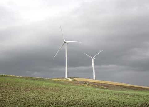 Two wind turbines stand on a gently sloping hill covered with green grass and patches of earth. The sky above is cloudy and overcast, providing a contrast between the white turbines and the dark, moody sky.