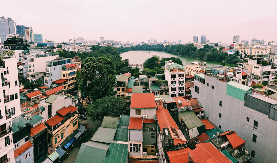 Aerial photograph of densely packed buildings in Hanoi Vietnam