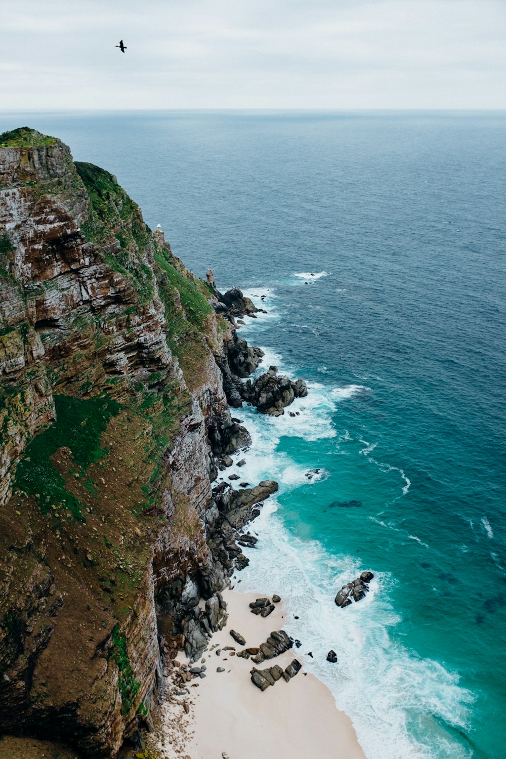 aerial photography of moss-covered cliff near body of water during daytime