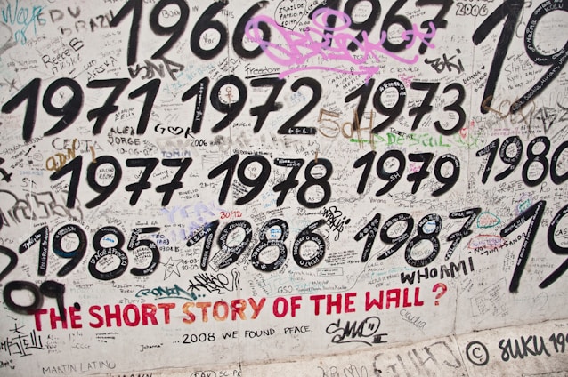 A wall covered in large, bold, black numbers representing years from 1960 to 1989. Surrounding the numbers are various signatures, messages, and graffiti written in different colors and handwriting styles. The phrase 'THE SHORT STORY OF THE WALL?' is prominently displayed in red.