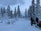 A snowy landscape with tall evergreen trees covered in snow. Two people wearing winter gear stand near snowmobiles, ready for a winter adventure. The sky is overcast, with hints of pink and blue colors peeking through the clouds.