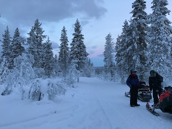 A snowy landscape with tall evergreen trees covered in snow. Two people wearing winter gear stand near snowmobiles, ready for a winter adventure. The sky is overcast, with hints of pink and blue colors peeking through the clouds.