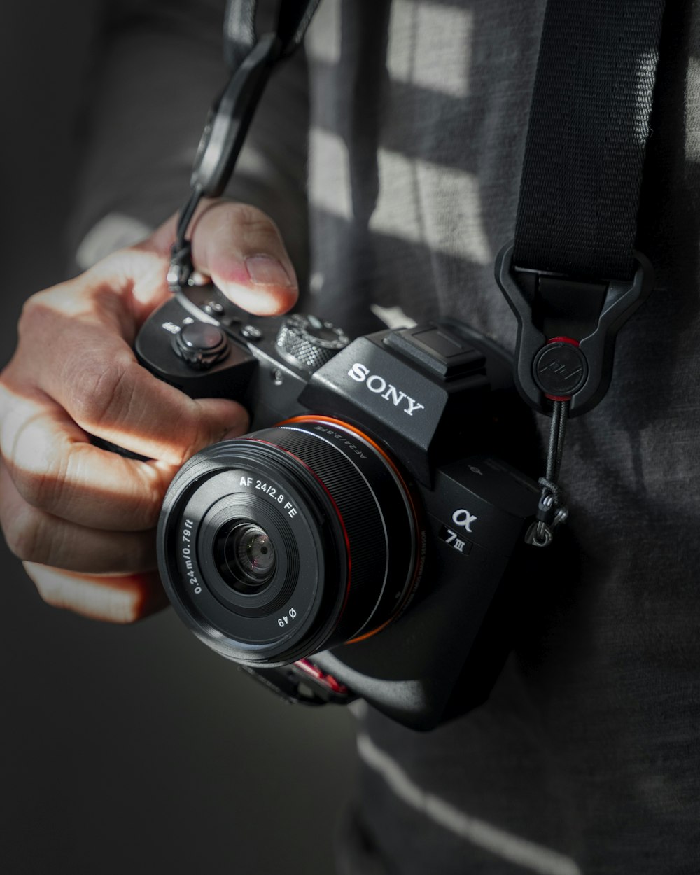 person holding black Sony Alpha DSLR camera