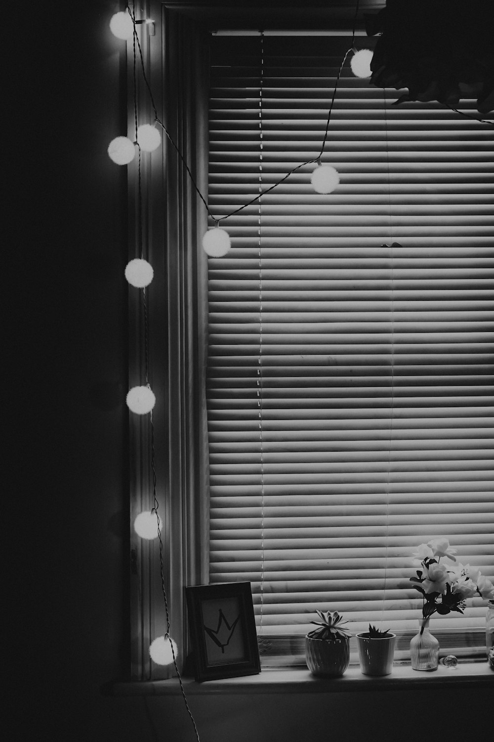 turned on string lights beside blinds
