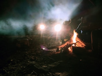 A campfire scene at dusk with tents and people gathered in the jungle.