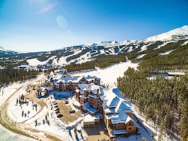 A snowy mountain resort with a clear blue sky, surrounded by expansive forests. Several buildings with snow-covered roofs are visible, likely accommodations or lodges. In the background, ski slopes stretch across the landscape, indicating a ski resort area. A winding road leads to the lodges, and a parking lot is partially filled with vehicles.