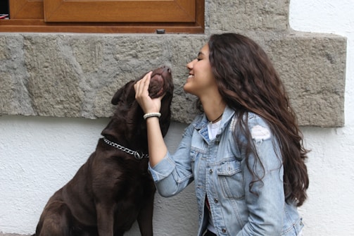 A young woman with long, wavy dark hair wearing a denim jacket is petting and smiling at a brown dog. The dog appears content as it is being touched under its chin. They are outside, next to a stone and white plaster wall with a wooden window frame above them.
