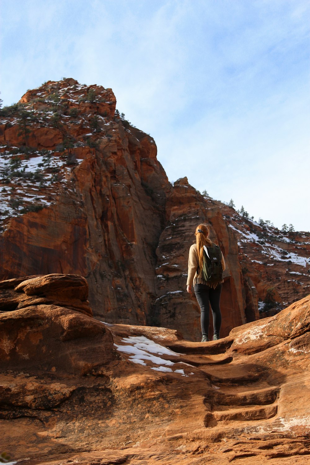 woman standing on brown rocky mountain under white sky