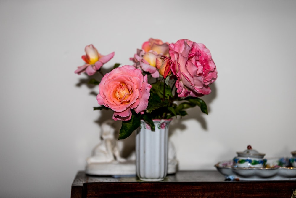 blooming pink roses in white vase