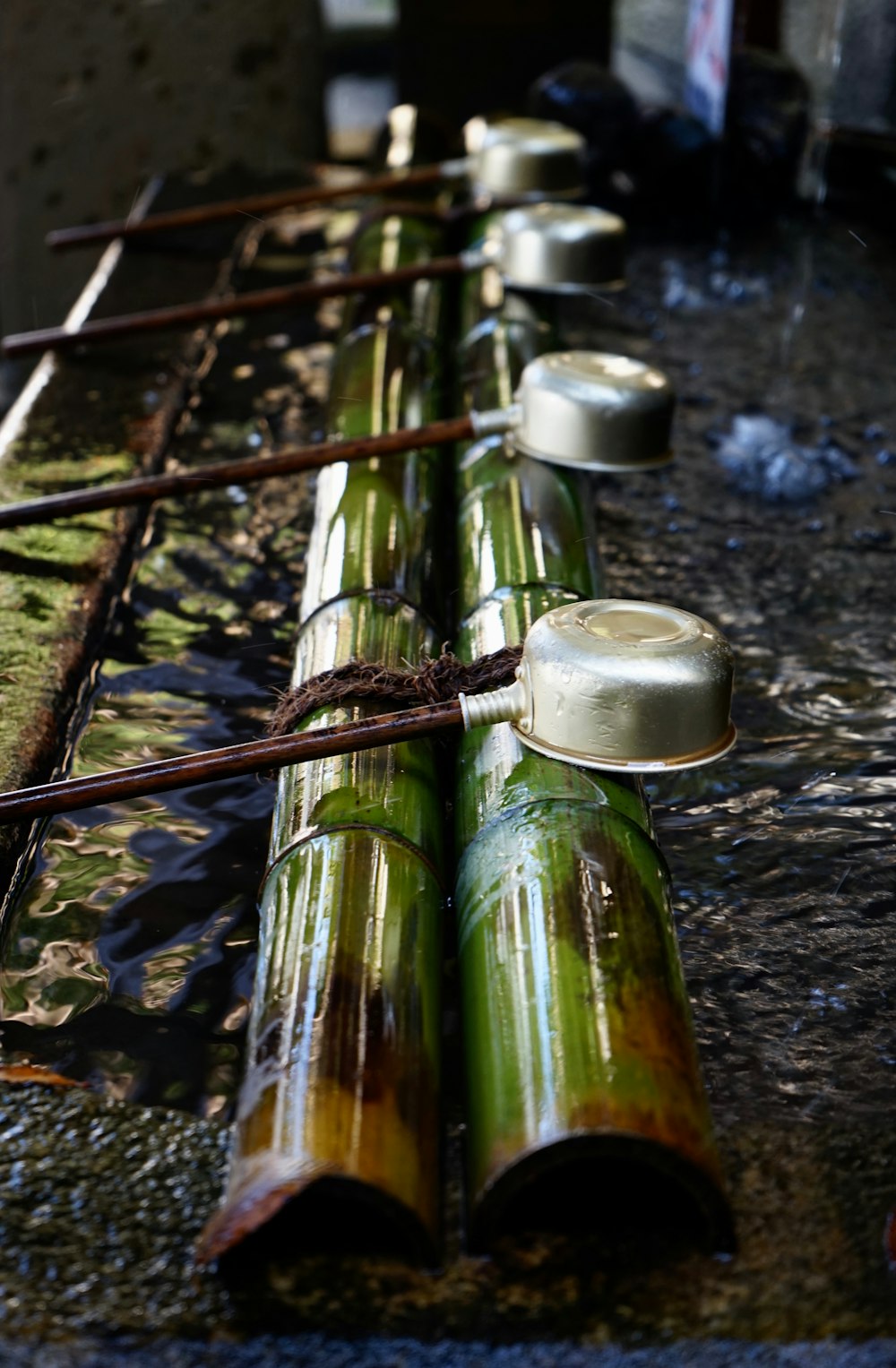 selective focus photography of bamboo with scoops