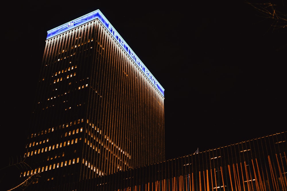 low angle photography of building at night