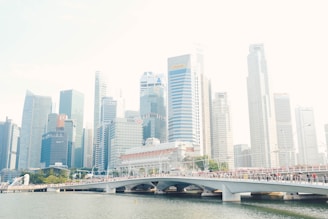 A modern cityscape featuring numerous skyscrapers with diverse architectural styles, adjacent to a large body of water. A bridge in the foreground is bustling with people, suggesting an urban, lively atmosphere.