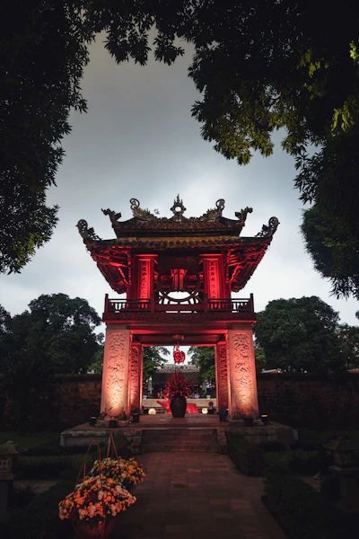 The red-and-brown pagoda-style gate of the Temple of Literature, Hanoi