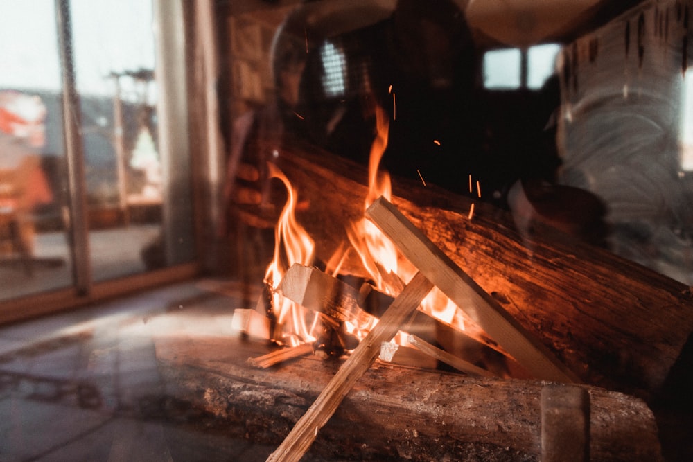 burning fire behind glass