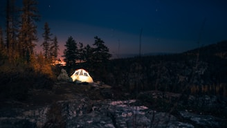 A camping scene at twilight illuminated by the warm beam of a camping pockets flashlight.