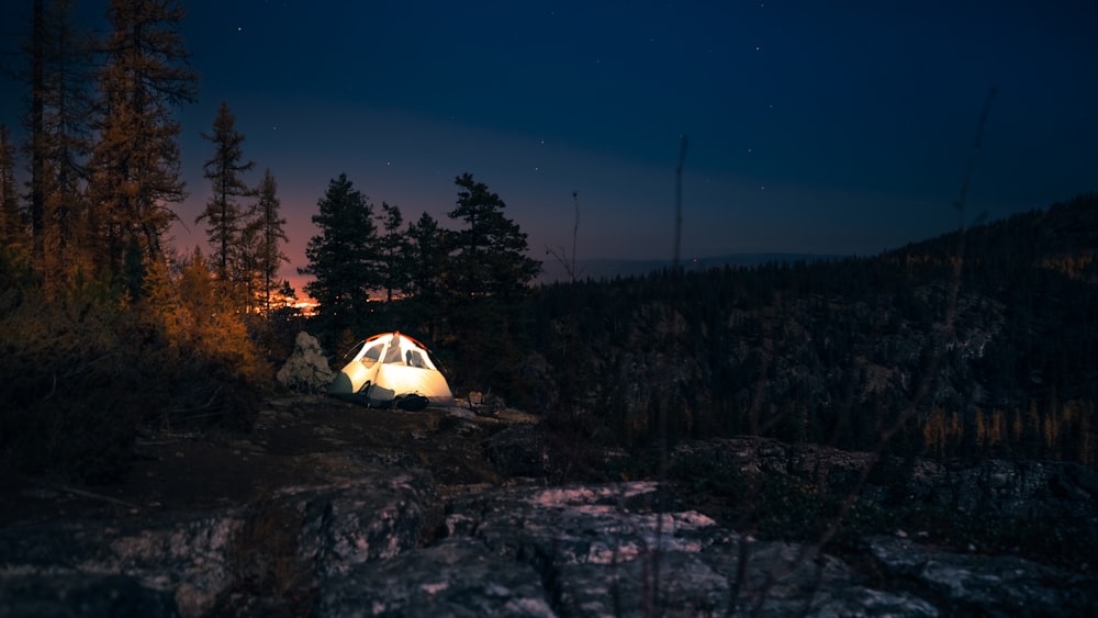 lighted tent at night