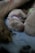 A newborn puppy with closed eyes is nestled comfortably, surrounded by blurred features, possibly other dogs. The puppy has a soft, smooth coat and is wearing a vibrant purple collar. The background has a gentle blue texture.