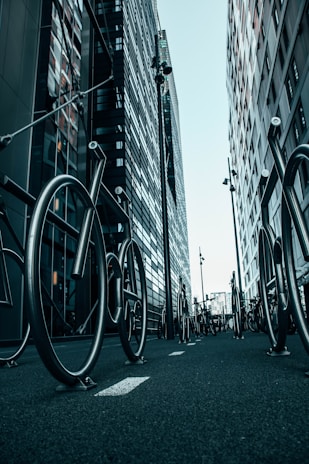 Urban small-scale building with modern architecture and bike racks