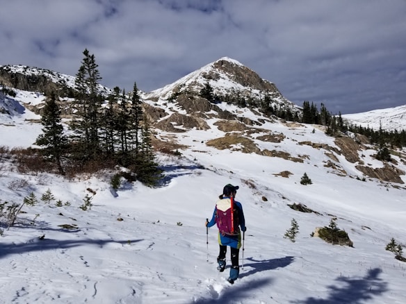 A person wearing a backpack and winter clothing is hiking or trekking through a snowy mountainous landscape. The foreground features a mix of snow-covered ground and scattered rocks, while the background showcases a prominent mountain peak and clusters of evergreen trees. The sky is mostly cloudy, adding depth to the scene.