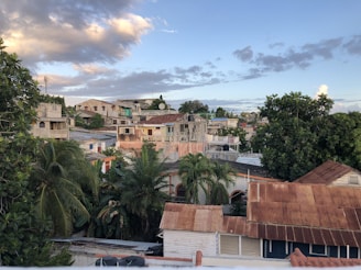 The image depicts a residential area with a mix of old and new buildings. The houses have varied architectural styles, some with rusted metal roofs and others with newer construction. Lush green trees and palms are scattered throughout the neighborhood. The sky above is partly cloudy with the sun lighting up portions of the clouds and landscape.