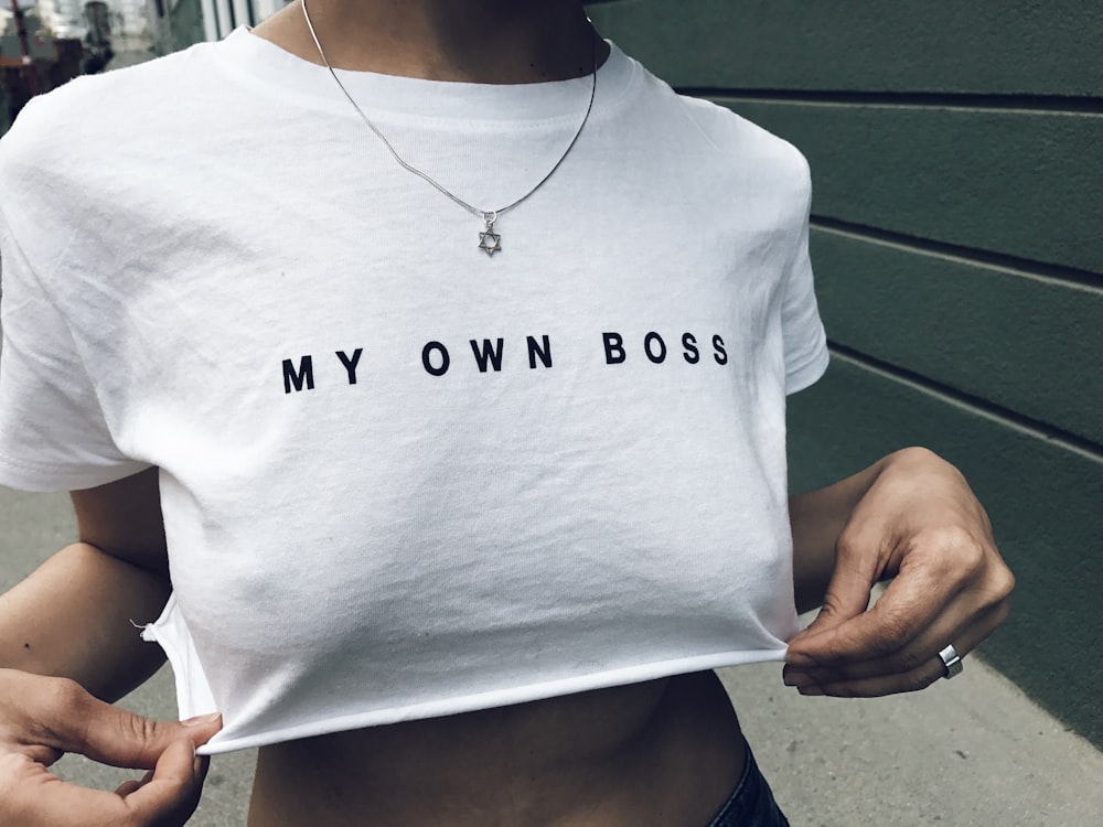 woman wearing white My own Boss printed crop shirt