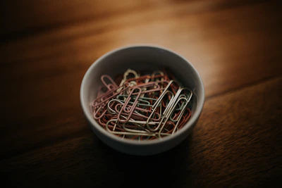 Close-up of shaped paper clips and metal clips arranged neatly on a light gray surface.