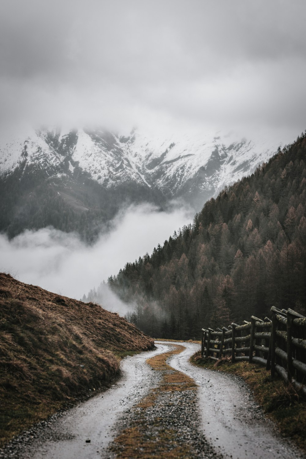 rocky dirt road overlooking snow capped rocky mountain