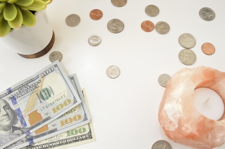 A collection of US currency is spread out on a white surface, including several hundred-dollar bills and a variety of coins. A small potted succulent plant is positioned on the left side, while a pink Himalayan salt candle holder is on the right.