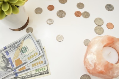 A collection of US currency is spread out on a white surface, including several hundred-dollar bills and a variety of coins. A small potted succulent plant is positioned on the left side, while a pink Himalayan salt candle holder is on the right.