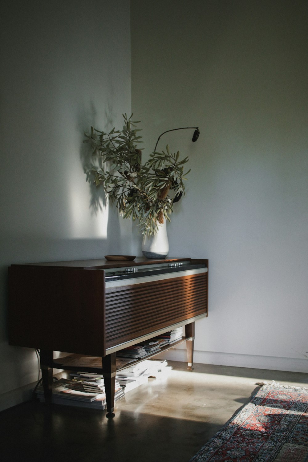 green-leafed plant in white vase on brown wooden end table