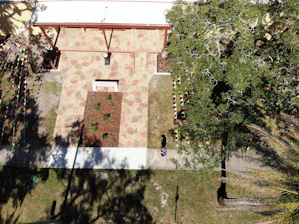 Close-up of a hardscape installation featuring stone pathways and a decorative garden bed.