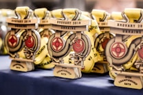 A collection of medals with a dragon design and text indicating 'Brovary 2018 Ukraine Open Championship Kata' displayed on a table. The medals are golden with red details and feature intricate designs.