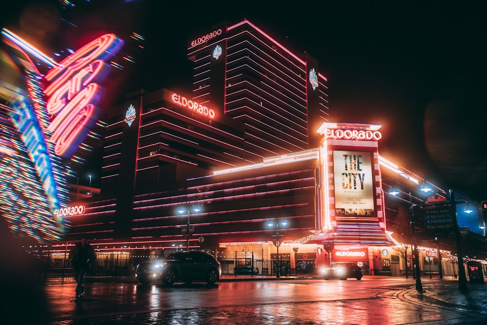 lighted buildings at night