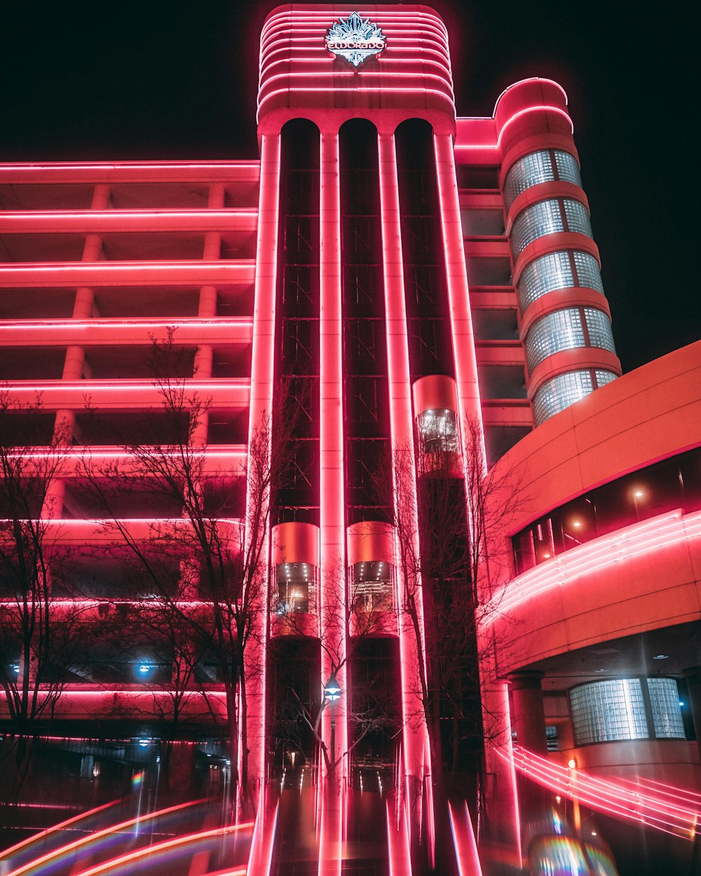 lighted red building
