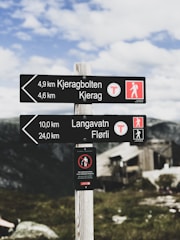 A wooden signpost with directional signs for Kjeragbolten, Kierag, Langavatn, and Flørli. The sky is partly cloudy, and there's a mountainous landscape in the background.
