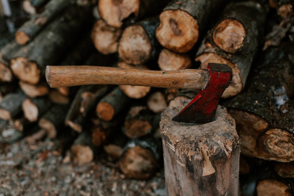 Hache marron sur bûche de bois