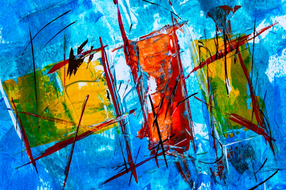 blue, red, and green abstract painting
