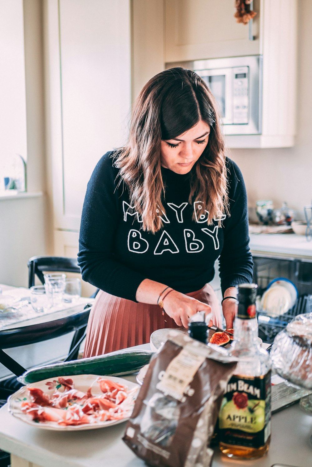 woman slices on table